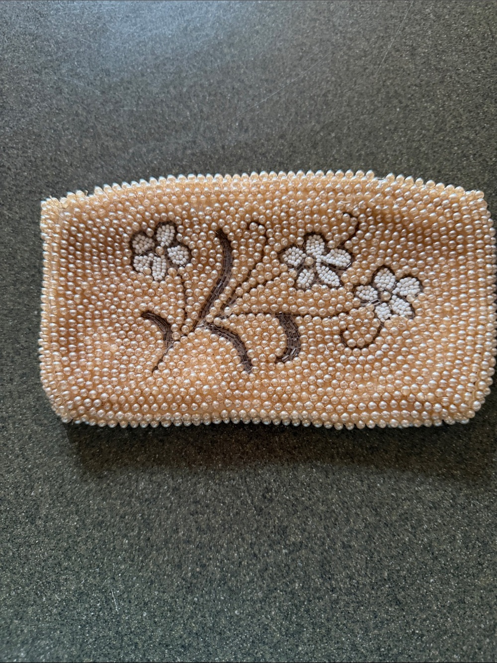 Vintage 50’s-60’s Champagne Beaded Floral Zip Top Clutch Made in Japan